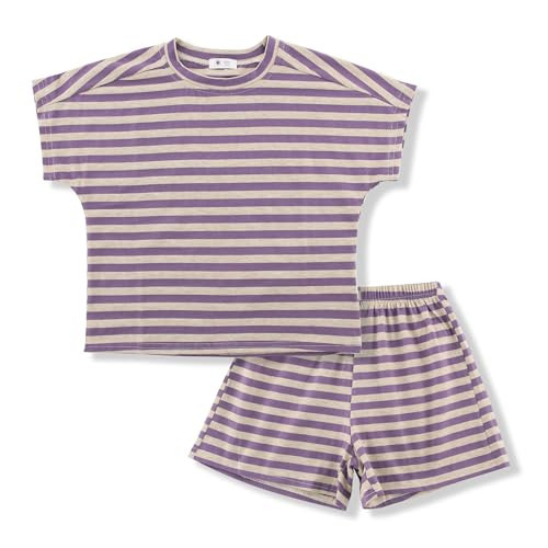 AngelBabies Girls 2 Piece Outfits Summer Toddler Striped Batwing Sleeve Top and Short Sets 2T Purple | Amazon (US)
