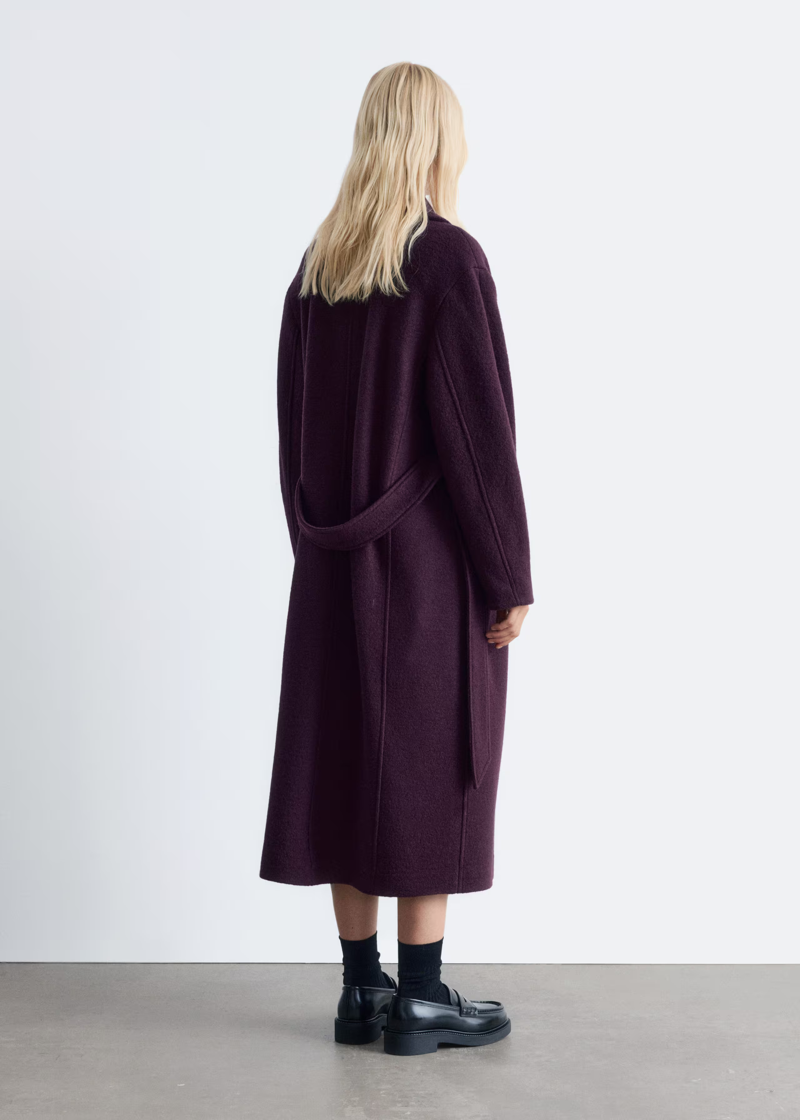 Clothing/Jackets & Coats/Coats/Voluminous Belted Wool Coat$ 379NewDark PurpleXSSMLbellSIZESize gu... | & Other Stories - US