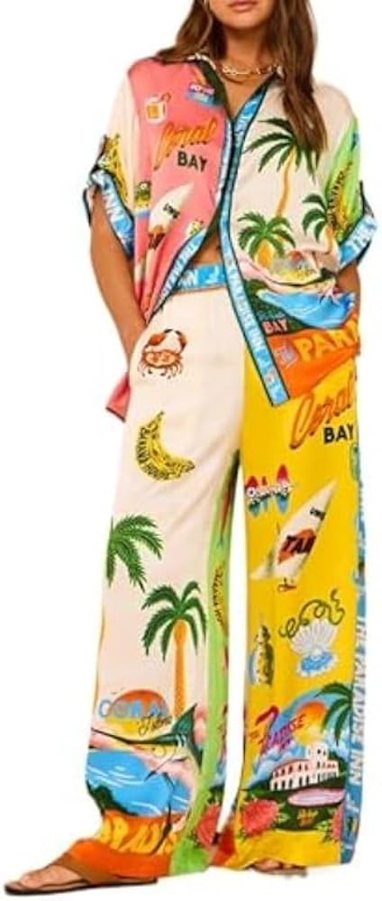 Women's Summer Print Two Piece Pajama Set Short Sleeve Outfits Button Down Tops Drawstring Long P... | Amazon (US)