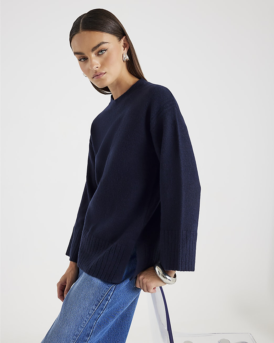 Navy Knitted Longline Crew Neck Jumper | River Island UK & IE