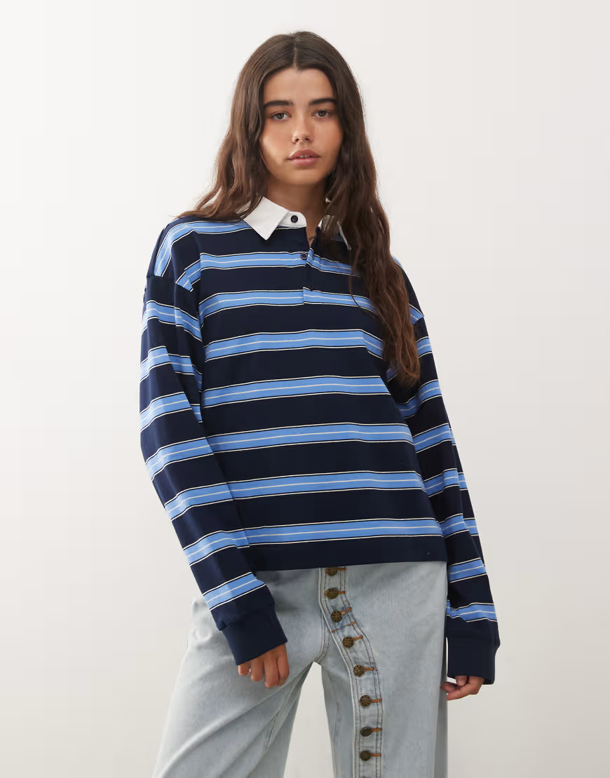 Lioness Countryside contrast collar detail cuffed oversized jersey top in blue stripe-Multi | ASOS (Global)