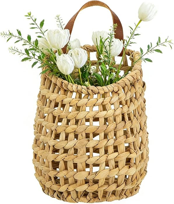 Water Hyacinth Hanging Basket with Faux Leather Strap - Handwoven Boho Wall Basket for Plant Flow... | Amazon (US)