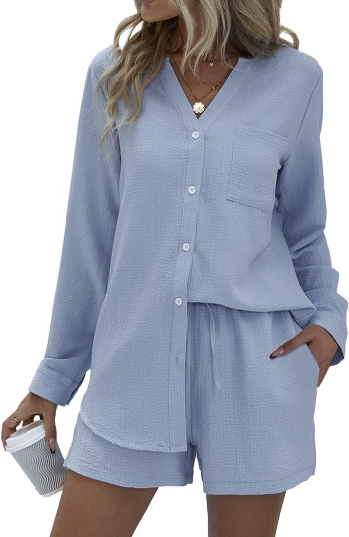 Ekouaer Women's V Neck Lounge Sets Button Down Shirt and Shorts 2 Piece Outfits Loungewear Pajama... | Amazon (US)