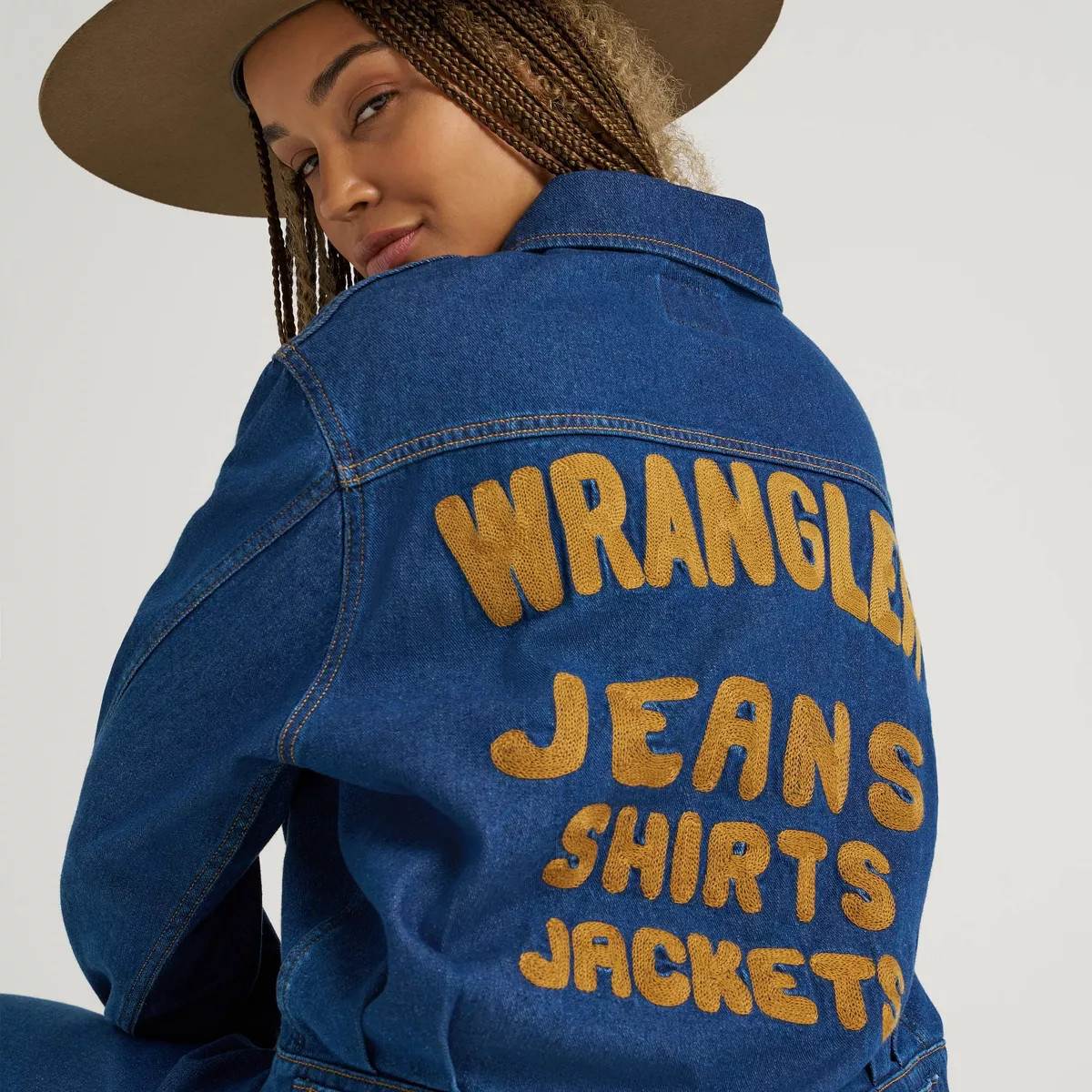 Wrangler Women's Graphic Denim Bomber Jacket - Blue Wash L | Target