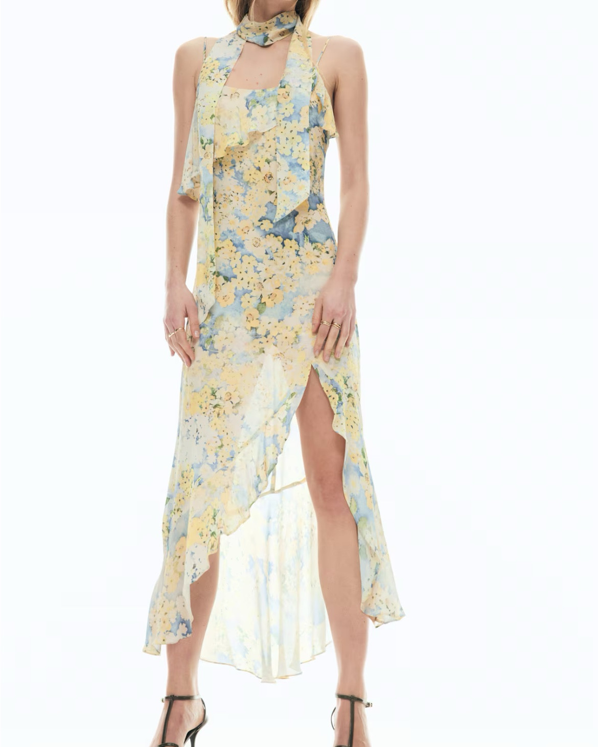 Blue and yellow floral scarf detail midi dress 
Spring wedding guest dress 

#LTKSeasonal