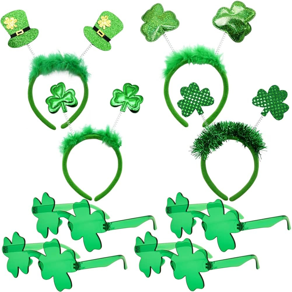 BOLZRA 8Pcs St. Patrick's Day Headbands and Shamrock Sunglasses, Shamrock Clover Head Boppers Eyegla | Amazon (US)