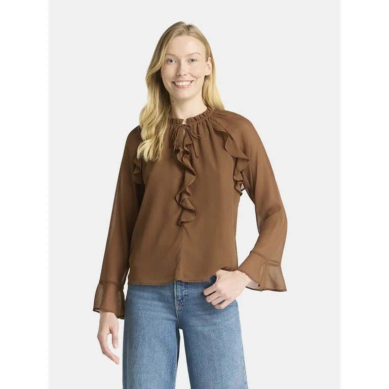 Time and Tru Women's Ruffle Blouse with Long Sleeves, Sizes XS-XXXL - Walmart.com | Walmart (US)