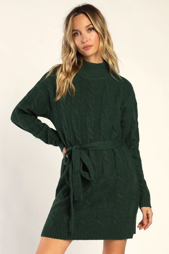 Warmed Up To You Green Cable Knit Mock Neck Sweater Dress | Lulus (US)
