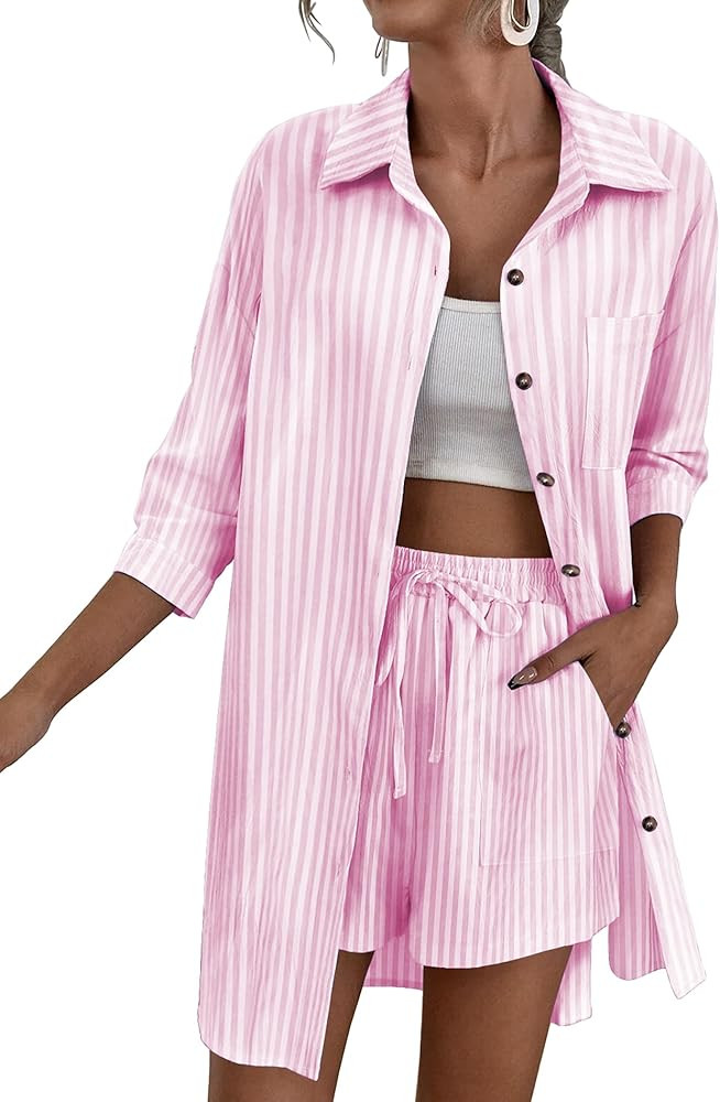 Zeagoo Women’s 2 Piece Lounge Tracksuit Outfit Sets Cotton Linen High Low Shirt and Drawstring ... | Amazon (US)