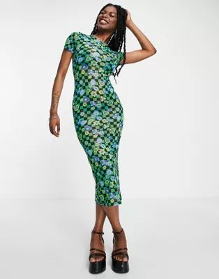 COLLUSION mesh midi dress in checkerboard floral print | ASOS (Global)