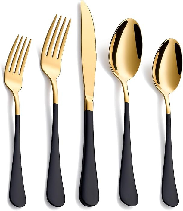 20-Piece Black & Gold Silverware Set, 18/0 Stainless Steel Colorful Handle Flatware Set, Service ... | Amazon (US)