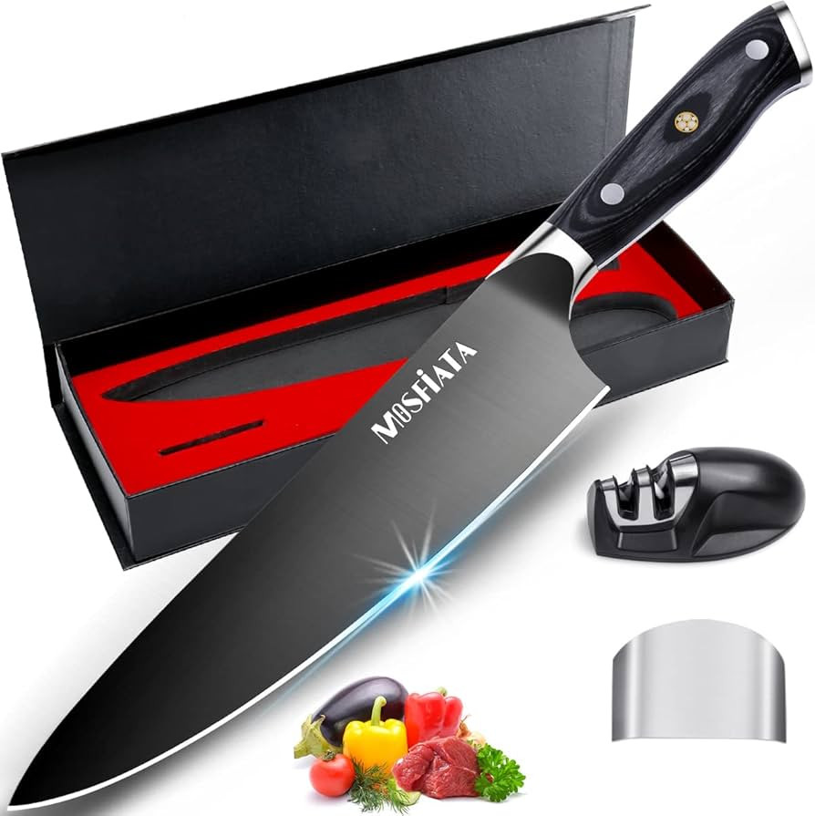 MOSFiATA 8” Super Sharp Titanium Plated Chef's Knife for Kitchen with Finger Guard and Knife Sh... | Amazon (US)