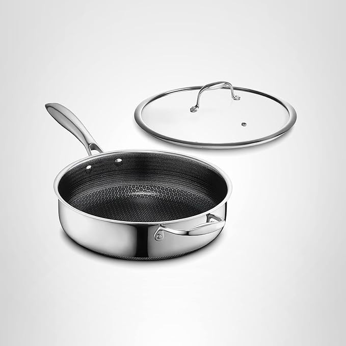 HexClad Hybrid Nonstick 3.3-Quart Deep Sauté Pan with Tempered Glass Lid, Stay-Cool Handle, Dish... | Amazon (US)