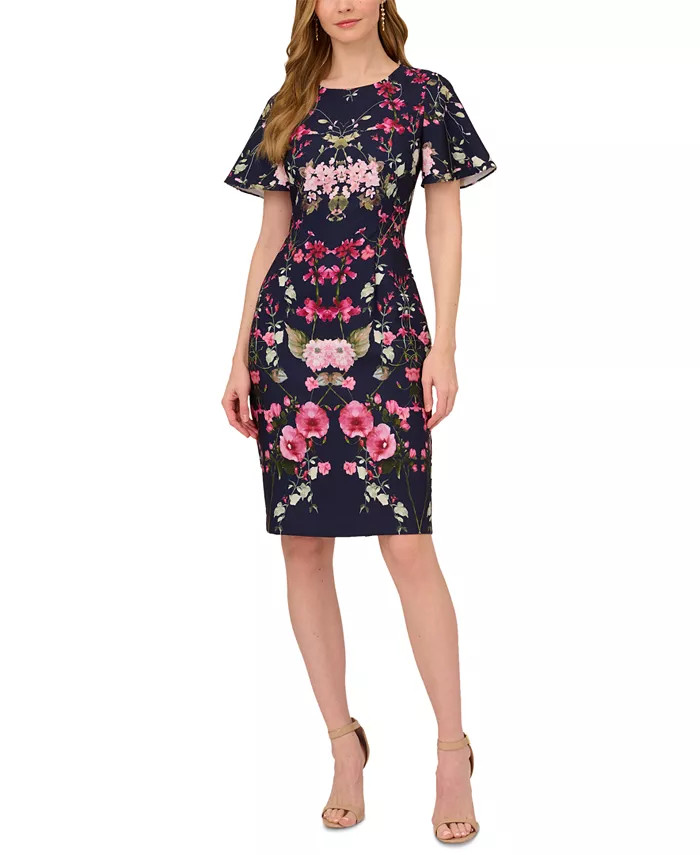 Adrianna Papell Women's Floral-Print Elbow-Sleeve Crepe Dress - Macy's | Macy's