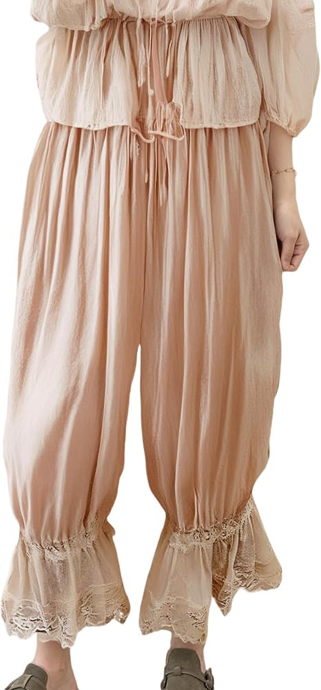 UAURORAO - Pantalones largos con ribete de encaje para mujer, el\u00e1stico de cintura media, pan... | Amazon (US)