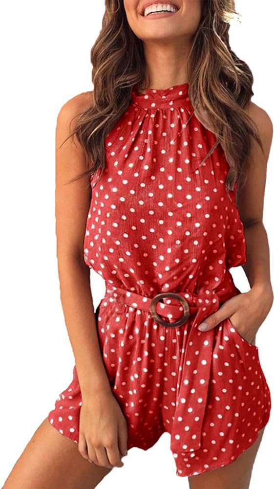 PRETTYGARDEN Women's Summer Polka dot Printed Halter Neck Sleeveless Elastic Waist One Piece Shor... | Amazon (US)