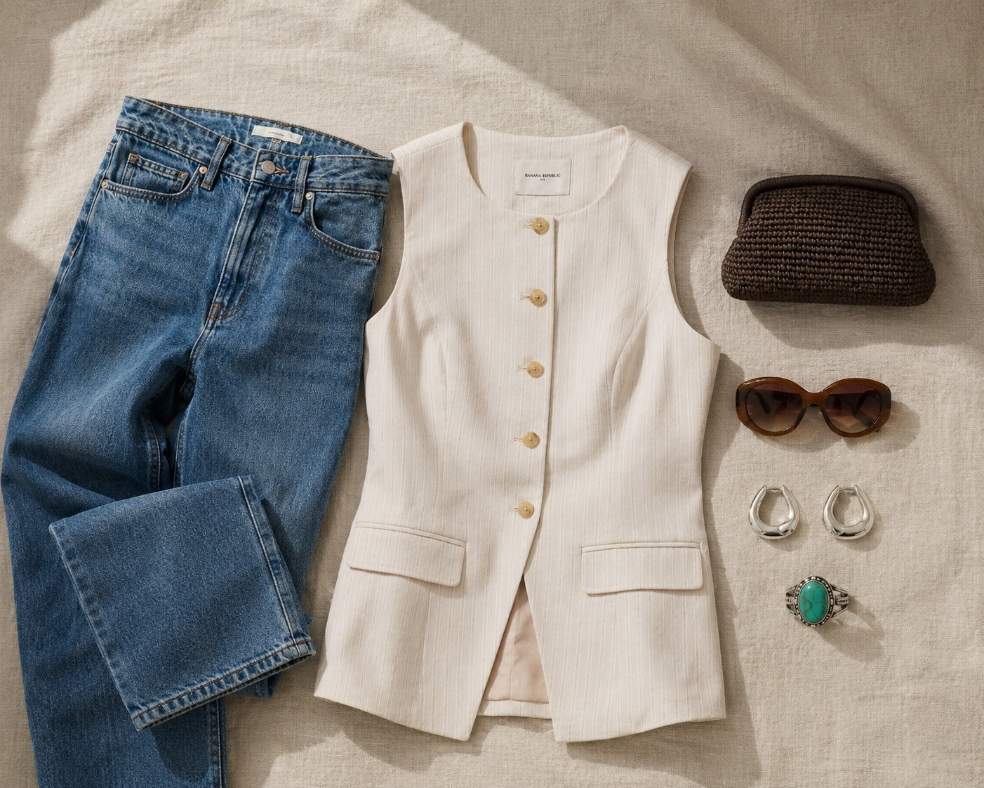 Neutral style. Linen vest. Woven clutch. Mango. Style inspiration. Turquoise ring. Sunglasses. Hoop earrings. Straight denim. Woven heels

#LTKootd #LTKSeasonal #LTKSaleAlert