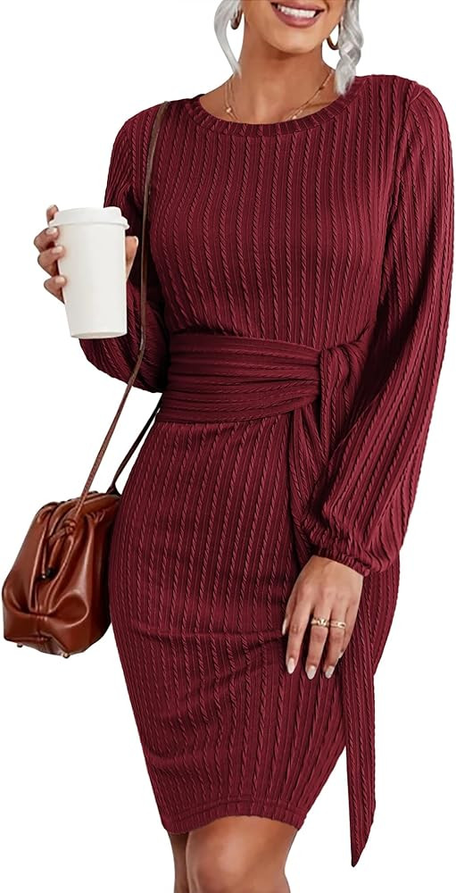 HOTOUCH Women's Casual Knit Dress Long Lantern Sleeve Fall Bodycon Dress Crewneck Tie Waist Rib Knit | Amazon (US)