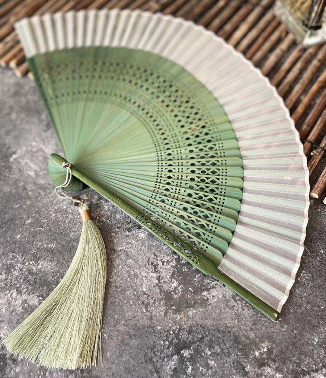 Grass Greenery Bamboo Hand Fan, Japanese Edo Period Style Folding Fan, Hand Held Silk Folding Fan... | Etsy (US)