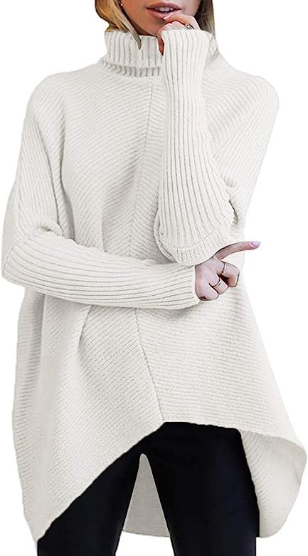 ANRABESS Womens Turtleneck Long Batwing Sleeve Asymmetric Hem Casual Pullover Sweater Knit Tops | Amazon (US)