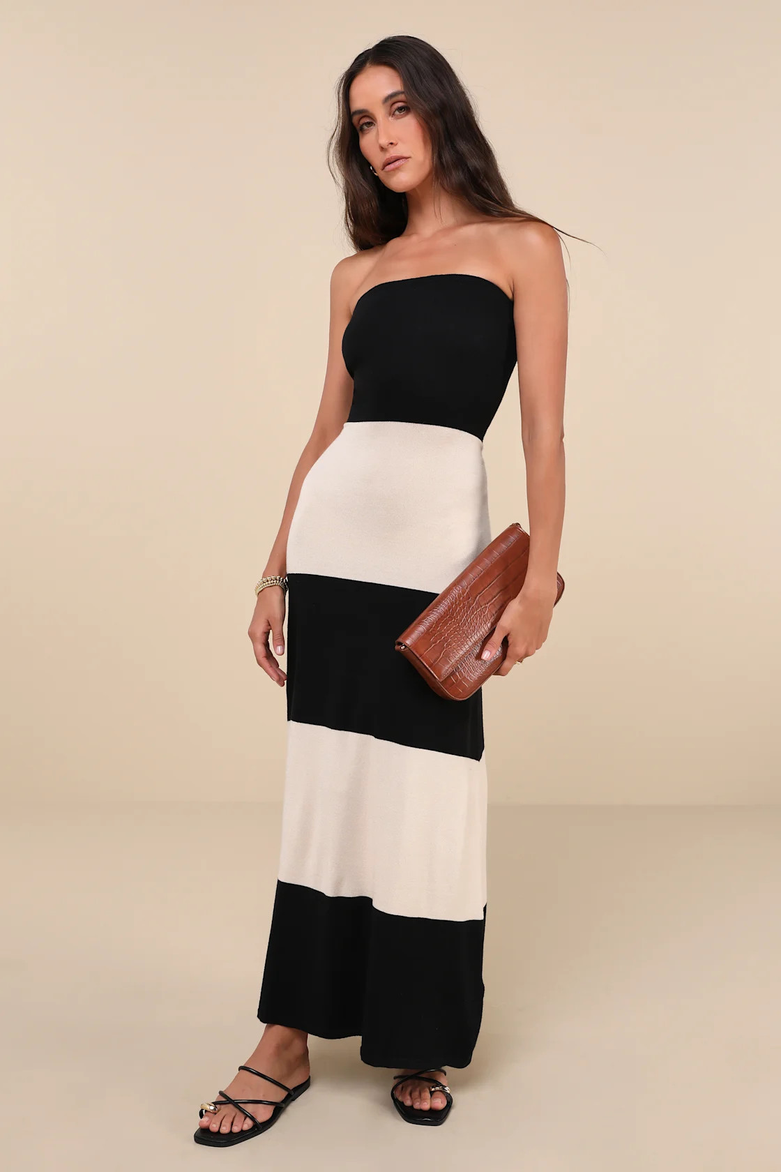 Rosalie Black and Ivory Striped Strapless Midi Sweater Dress | Lulus
