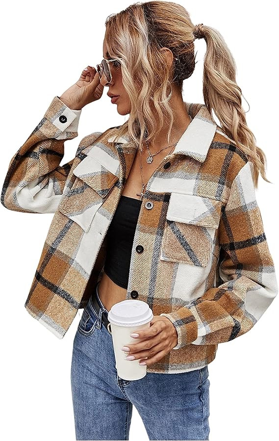 Lentta Womens Crop Plaid Shacket Casual Lapel Button Down Short Jacket Coat with Pocket | Amazon (US)