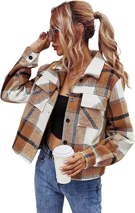 Lentta Womens Crop Plaid Shacket Casual Lapel Button Down Short Jacket Coat with Pocket | Amazon (US)