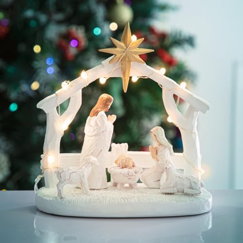 Hotme Nativity Scene with Lights, Sculpted Hand Painted Nativity Figurine, Holy Family Manger Scene Nativity Sets for Christmas Indoor Tabletop Decorations | Amazon (US)