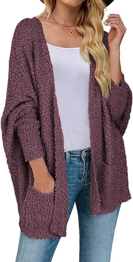 MEROKEETY Women's Fuzzy Popcorn Batwing Sleeve Cardigan Knit Oversized Sherpa Sweater Coat, Maroo... | Amazon (US)
