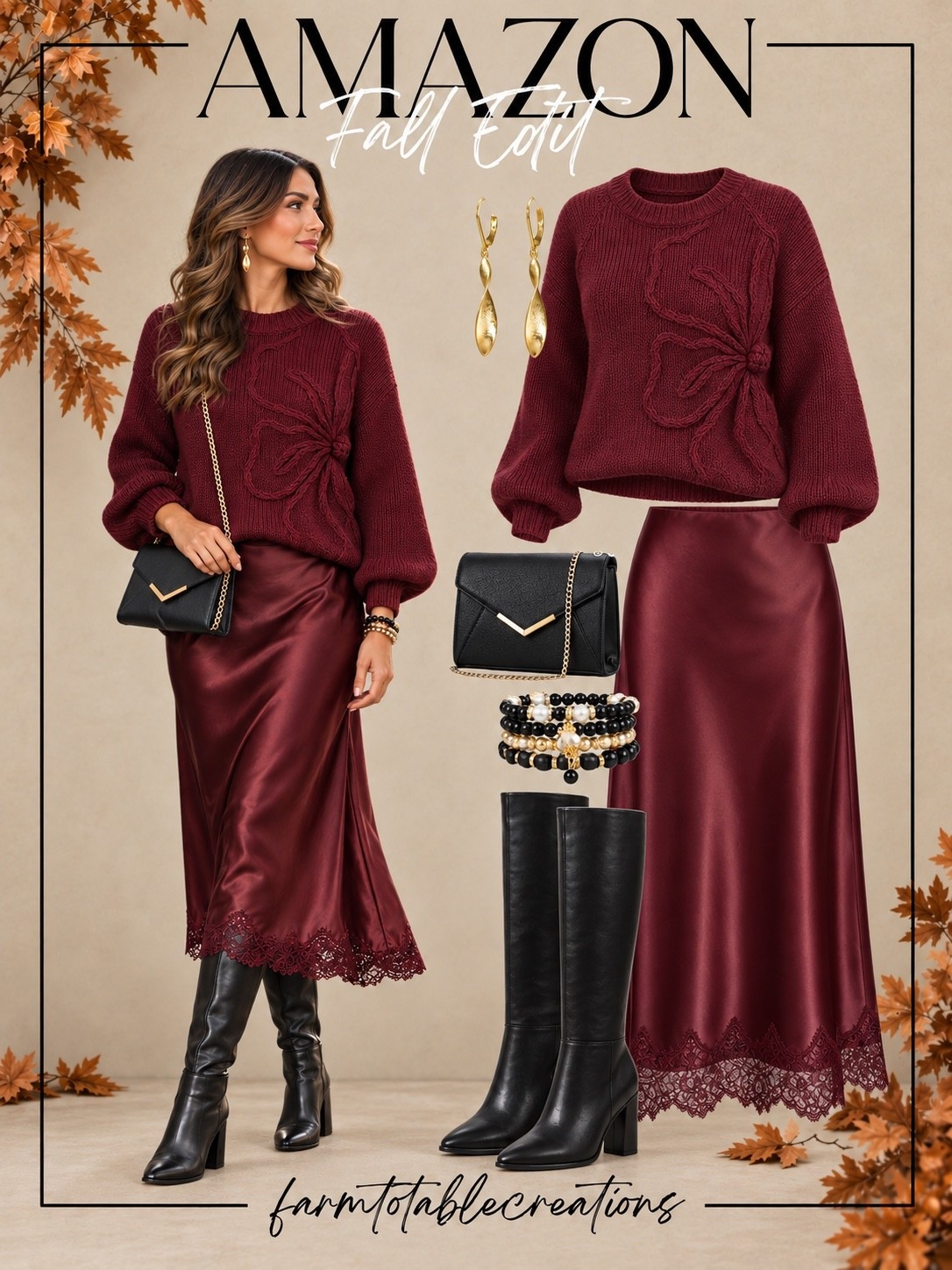 Thanksgiving Outfit 🍂🤎

The prettiest Thanksgiving outfit for a dressy-but-cozy holiday look! The rich burgundy sweater paired with a satin midi skirt feels so elegant for fall, while the black knee-high boots, crossbody bag, and gold accessories pull everything together. Perfect for Thanksgiving dinner, Friendsgiving, family gatherings, or holiday photos.

I love that this look feels festive without being overly dressed up—and every piece can easily be mixed into your fall and winter wardrobe.

Follow @farmtotablecreations on Instagram for more cozy home finds and trending decor.

#LTKStyle #AmazonFashion #AmazonFinds #ThanksgivingOutfit #ThanksgivingStyle #FallOutfit #FallFashion #HolidayOutfit #FriendsgivingOutfit #FamilyGathering #BurgundyOutfit #MidiSkirt #SweaterWeather #AmazonStyle #FallStyleInspo

#LTKSeasonal #LTKOver40 #LTKmomlife