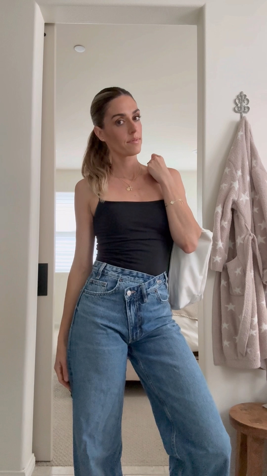 SAHM OOTD for haircuts for the boys and running errands 🖤 I don’t even know who I am wearing jeans! This pair is my favorite at the moment 👌 I love the high rise cross over detail and the baggy fit is so comfy 👍🏼 Im wearing a size 27. Tank is the braless collection from Abercrombie and is also super comfy. I’m wearing a small.

Zara, Abercrombie and Fitch, braless tank, wide leg jeans, crossover high waisted jeans, everyday outfit, casual outfit, mom style, Becco Bags, tote bag, basics outfit, Daytime outfit 

#LTKStyleTip #LTKFindsUnder50 #LTKSeasonal