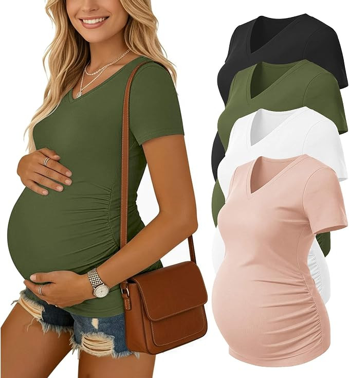 Ekouaer 4 Pack Maternity Shirts V Neck Maternity Top Short Sleeve Casual Tee Side Ruched Pregnanc... | Amazon (US)