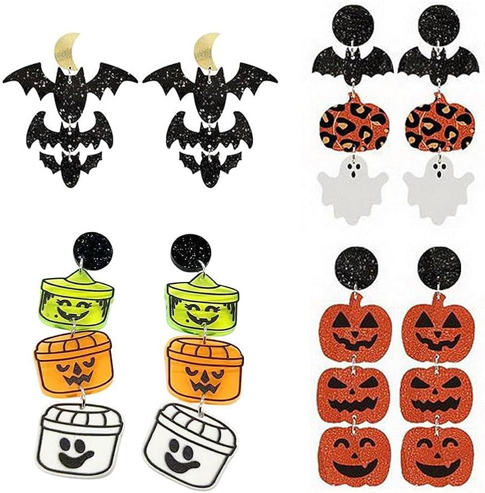 4 Pairs Halloween Earrings Pumkin Bat Ghost Stud Dangle Earrings Cute Acrylic Earrings Jewelry for W | Amazon (US)