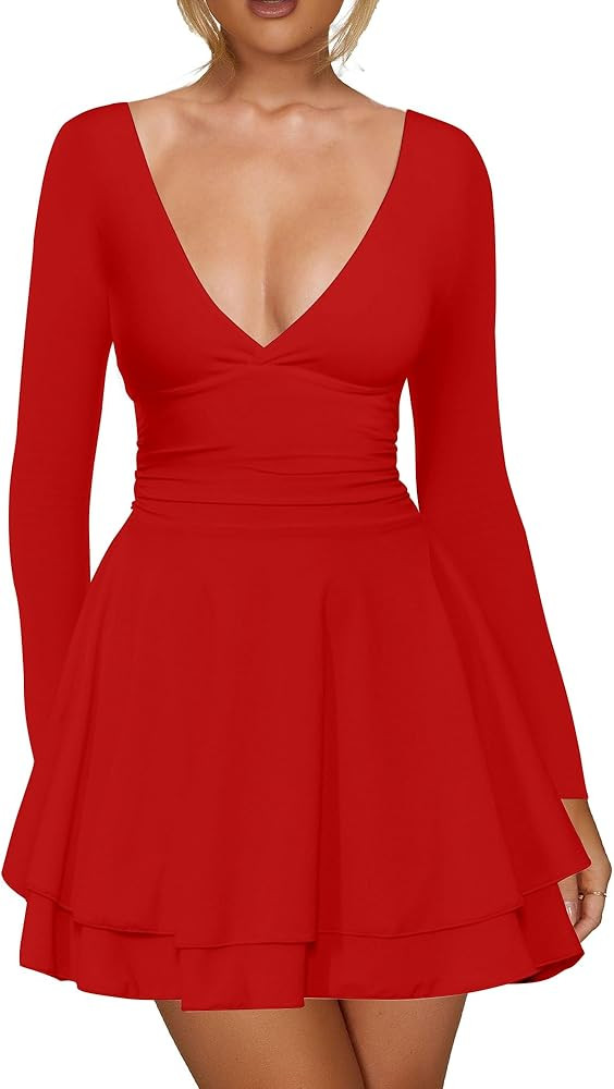 Kaximil Women's Sexy Long Sleeve V Neck Mini Dress Ruched A Line Flowy Cocktail Party Short Dress... | Amazon (US)