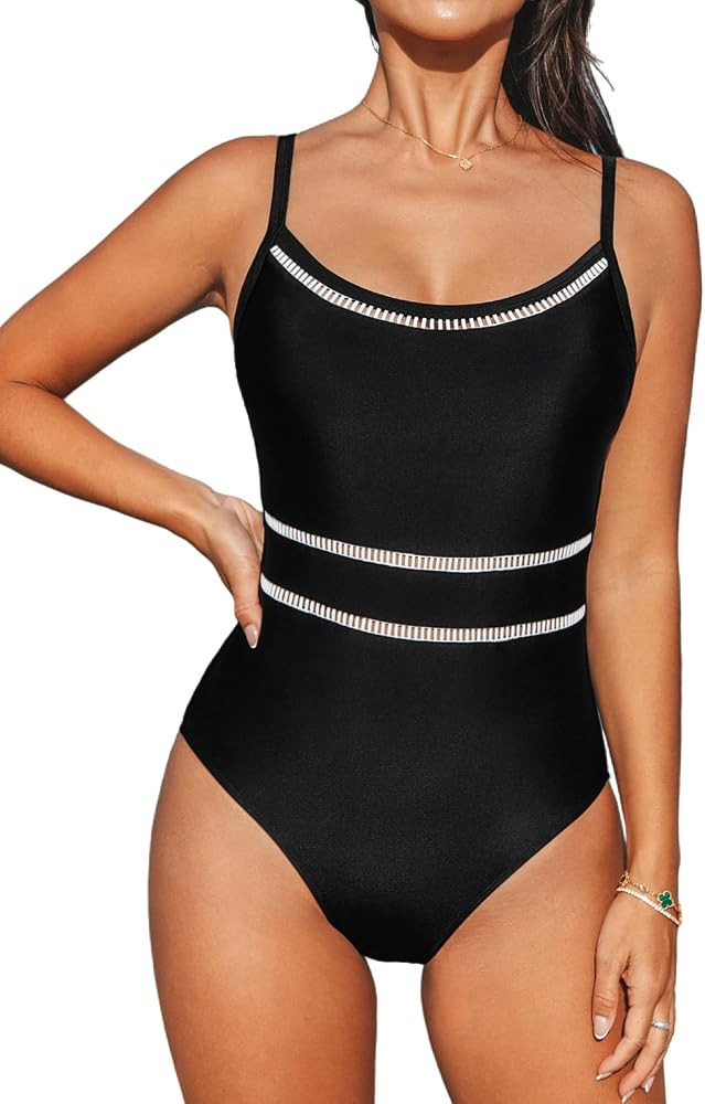 CUPSHE Women's One Piece Swimsuit Round Neck Bathing Suit Mesh Adjustable Straps Spaghetti | Amazon (US)