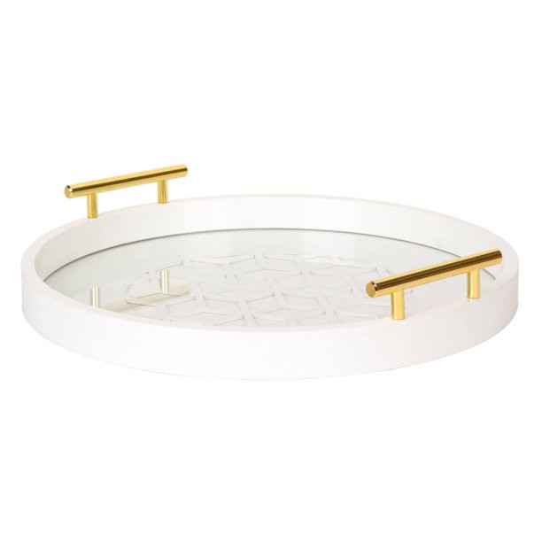 Kate and Laurel caspen round cut out pattern decorative tray with gold metal handles, white - Wal... | Walmart (US)