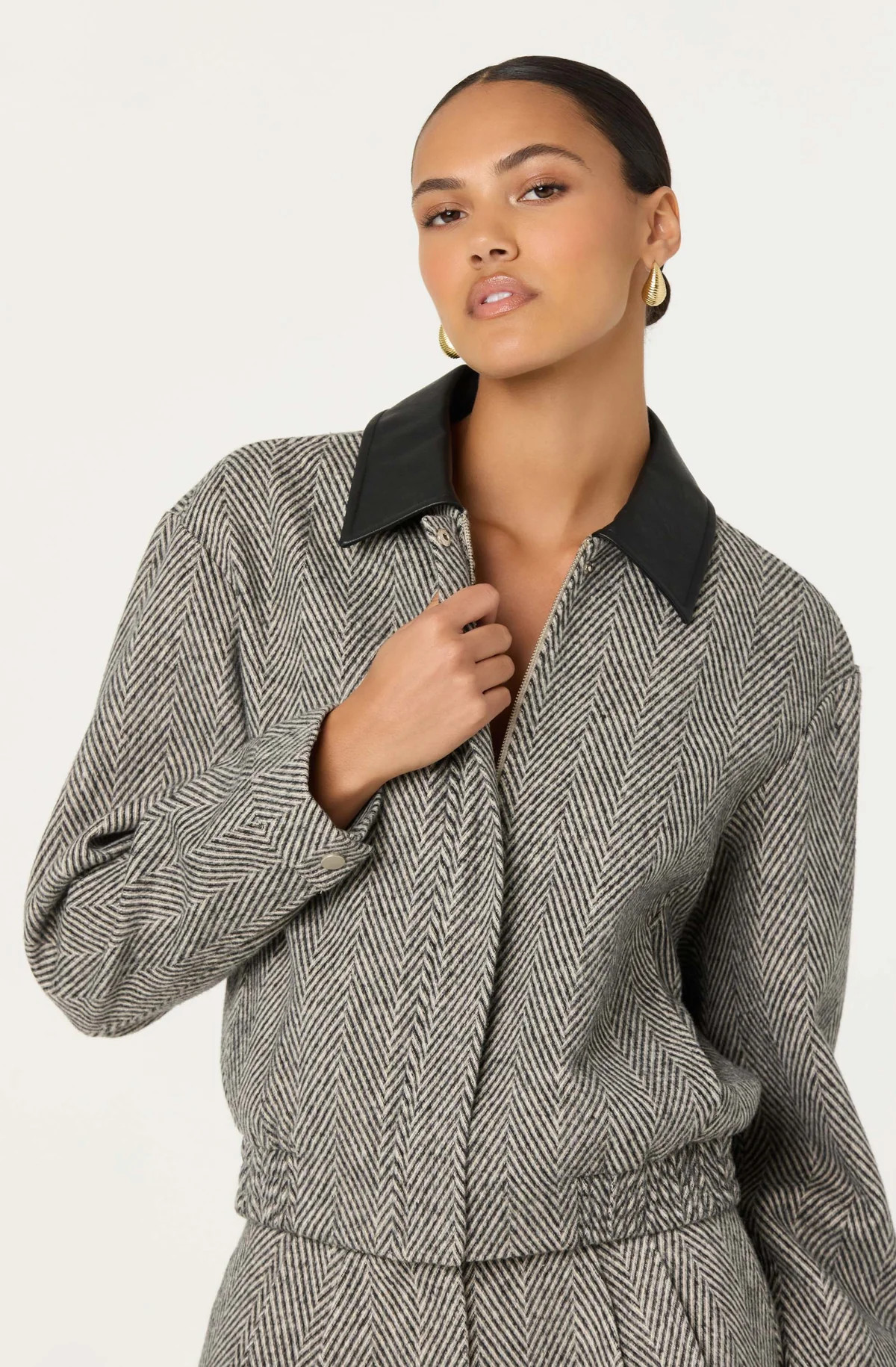 Nelly Contrast Collar Bomber Jacket - Grey herringbone / XS | ASTR The Label (US)