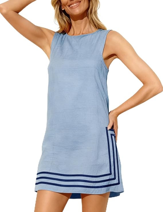 Womens Summer Boho A-Line Mini Dress Sleeveless Sundress Color Block Beach Coverups | Amazon (US)