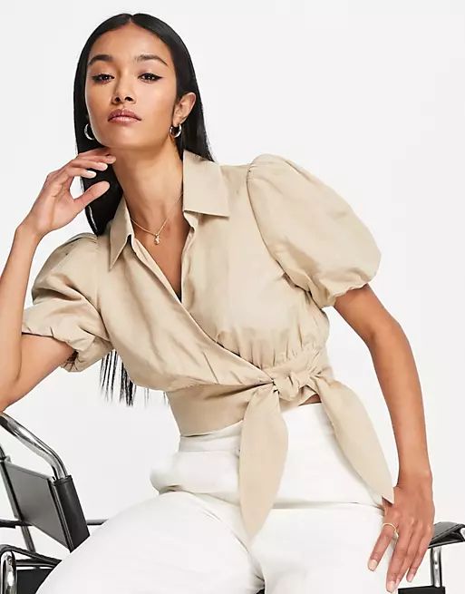 & Other Stories crop blouse with puff sleeves and tie side in beige linen | ASOS (Global)