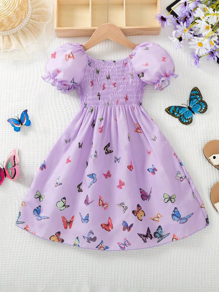 Young Girl Summer To Autumn Light Purple Bubbled Sleeve Lovely And Gentle Butterfly Pattern Ladyl... | SHEIN