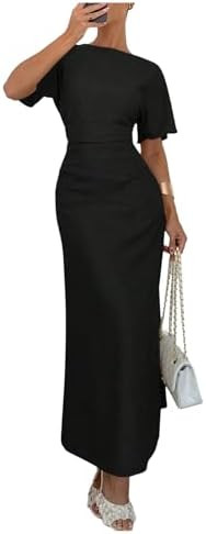 OYOANGLE Women's Textured Short Sleeve Cinched Waist Slit Hem Long Dress Elegant Office Formal Dr... | Amazon (US)