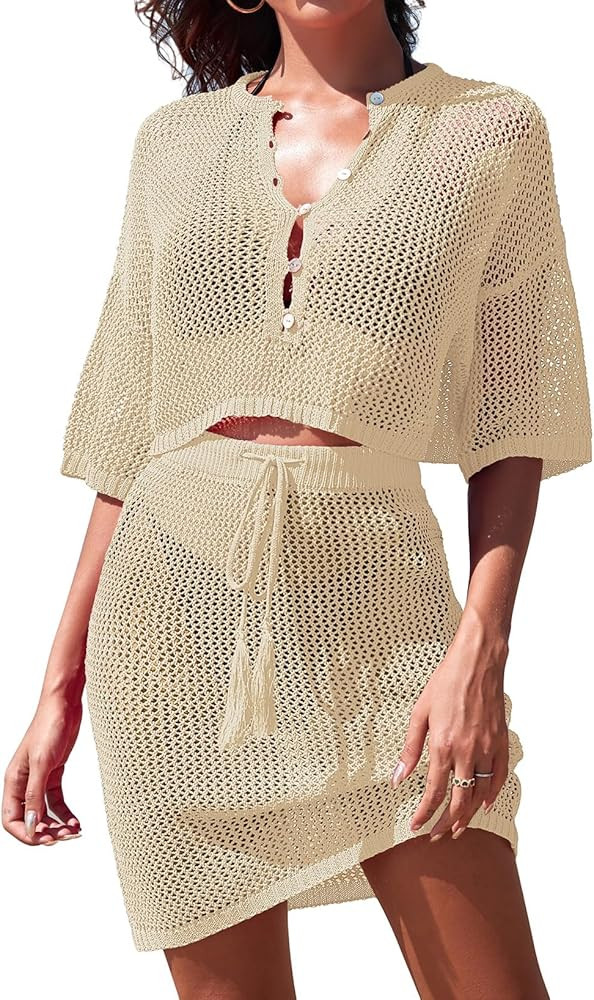 Pink Queen 2 Piece Crochet Swimsuit Cover Ups for Women Hollow Out Knitted Bathing Suit Coverup B... | Amazon (US)