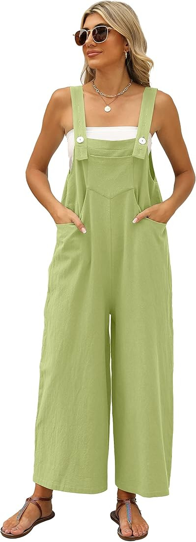 Ynhonra Women's Sleeveless Wide Leg Jumpsuits Loose Linen Overalls Rompers with Pockets | Amazon (US)