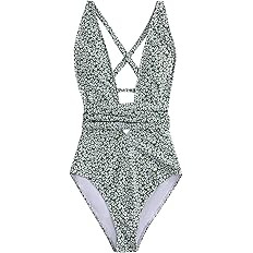 SweatyRocks Women's Sexy Bathing Suits Criss Cross Tie Knot Front Deep V Open Back Leopard One Pi... | Amazon (US)