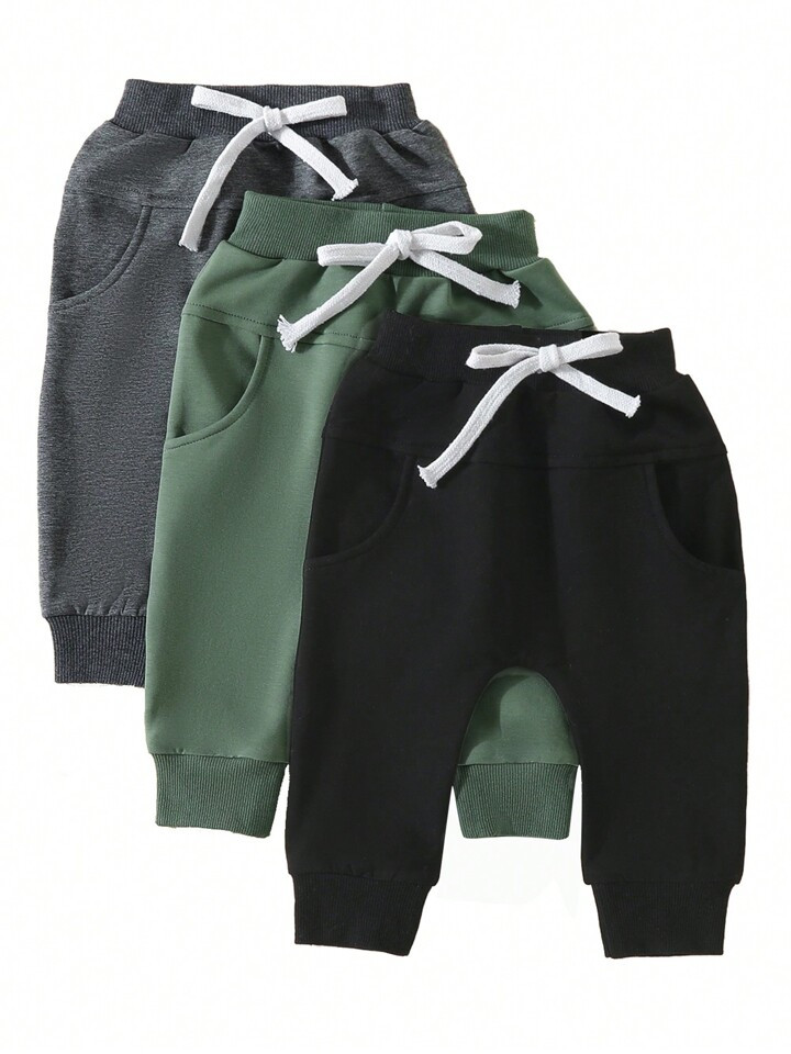 Toddler Baby Boys Sweatpants Pack Of 3 Solid Color Elastic Waist Bottom Pants Casual Trousers For Newborn Infant | SHEIN