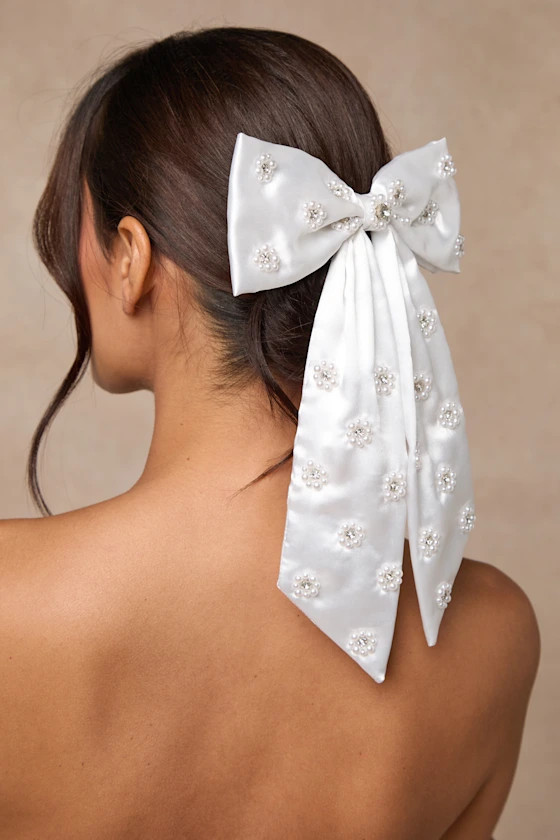 Cynthia White Satin Pearl Bow Hair Clip | Lulus