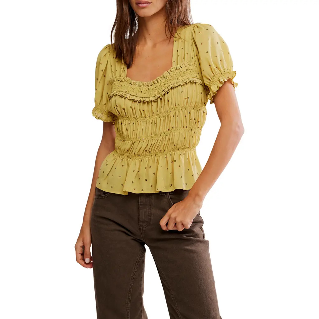 Free People Adore You Ruffle Puff Sleeve Peplum Top in Crushed Rosemary Combo at Nordstrom Rack, Size X-Small | Nordstrom Rack
