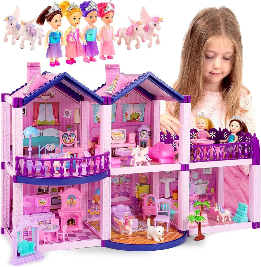 Dollhouse with 4 Princesses, 4 Unicorns, Dog, Furniture and Accessories - Pink and Purple Dream D... | Amazon (US)