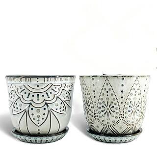 6 in. Beaded Ceramic Planter with Drainage Hole and Saucer for Plants, Large Round Succulent Orchid Flower Pot (2-Pack) | The Home Depot