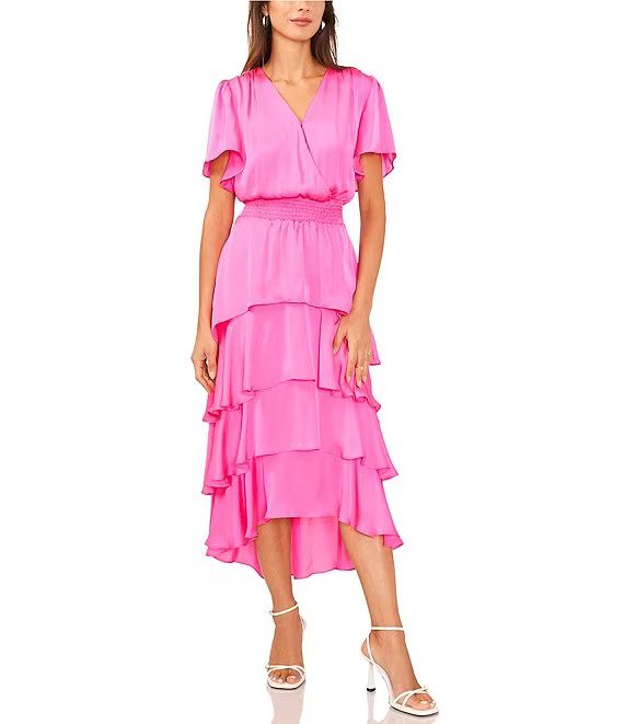 Surplice V-Neck Short Flutter Sleeve Smocked Waist A-Line Tiered Midi Dress | Dillard's